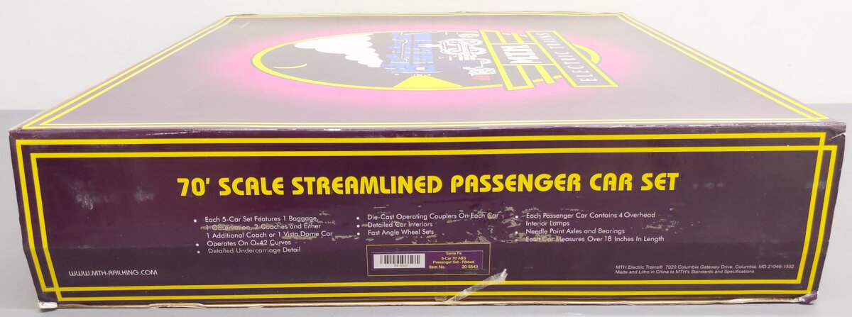 MTH 20-6543 O Santa Fe 70' Streamlined Passenger Car Set (Set of 5) VG/Box