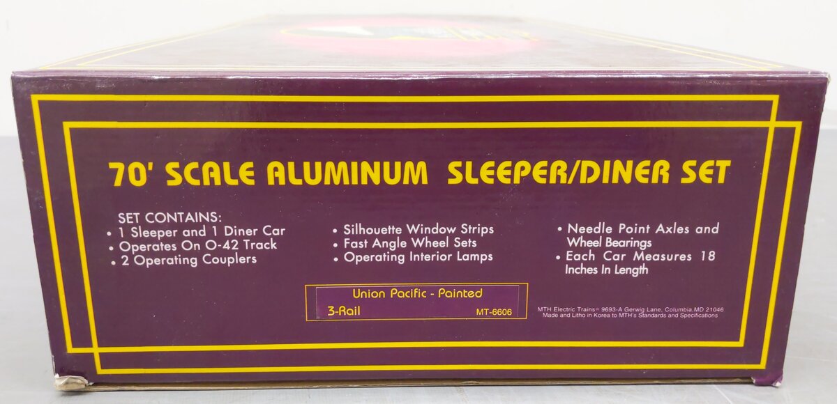 MTH 20-6606 O Gauge Union Pacific 70' Aluminum Slpr/Diner Passenger 2-Car Set EX/Box