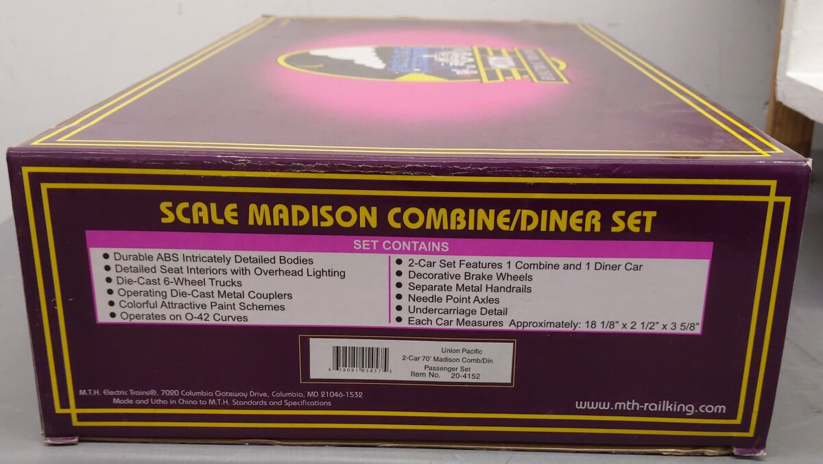 MTH 20-4152 O Union Pacifc 70' Madison Comb/Din Passenger Set (Set of 2) EX/Box