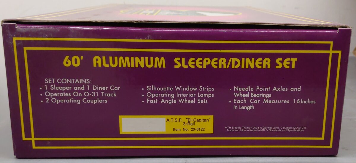MTH 20-6122 O Gauge AT&SF "El Capitan" Sleeper/Diner Aluminum Passenger Car Set EX/Box