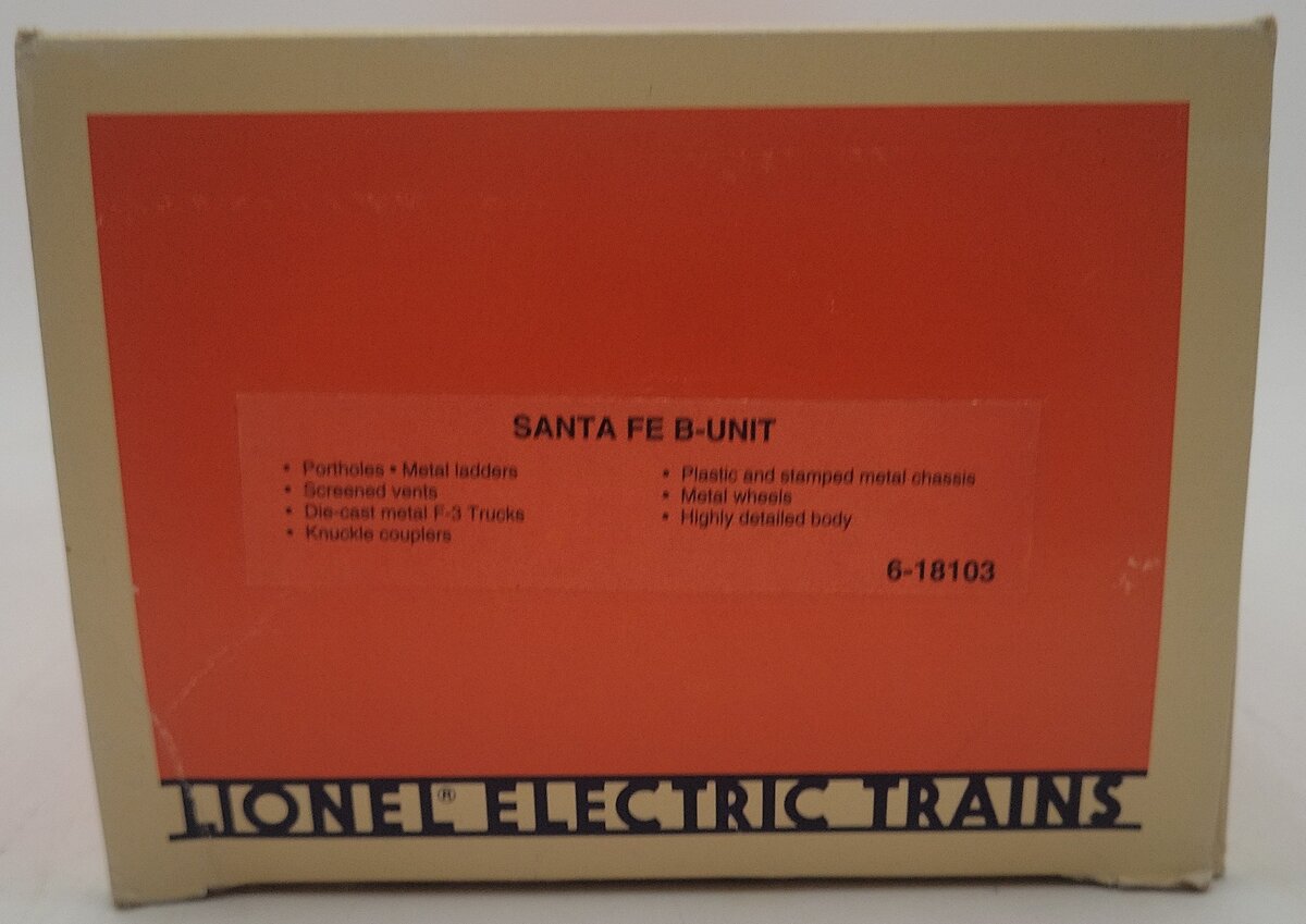 Lionel 6-18103 O Gauge Santa Fe F-3 B Unit Dummy Diesel Locomotive #8103 VG/Box