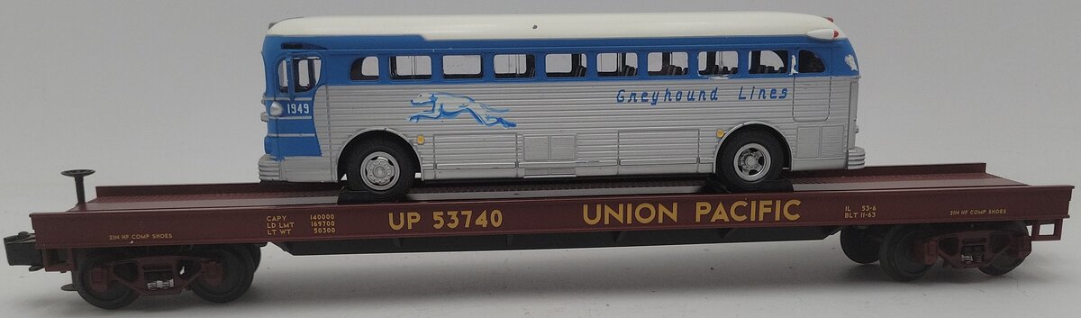 MTH 20-98163 O Gauge Union Pacific Flatcar w/Die-Cast Greyhound Bus #53740 VG/Box