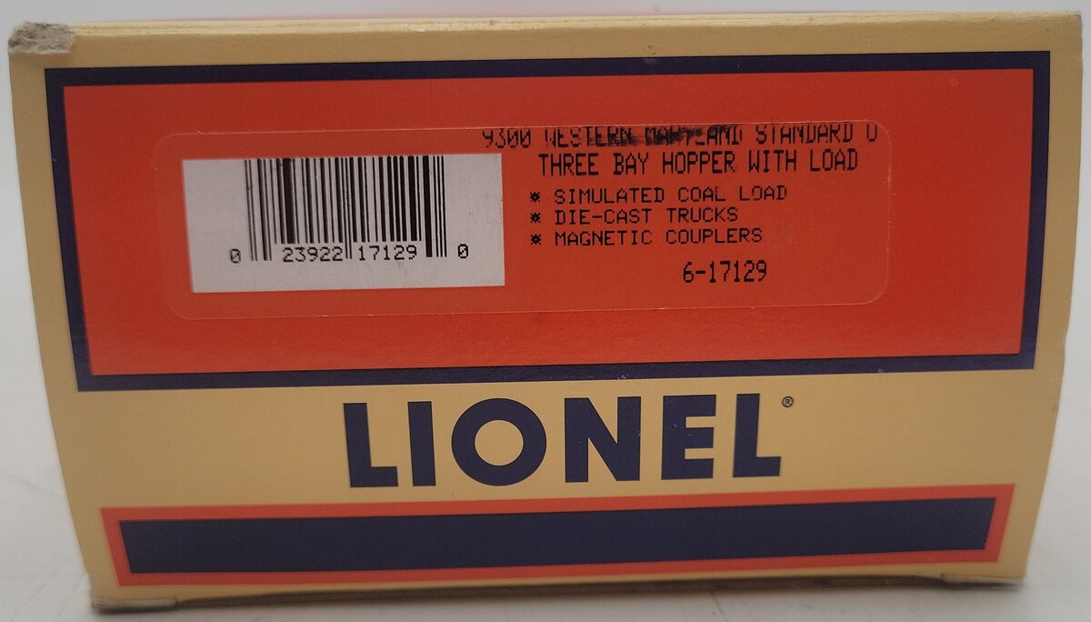 Lionel 6-17129 O Gauge Western Maryland 3-Bay Hopper Car w/Coal Load #9300 EX/Box