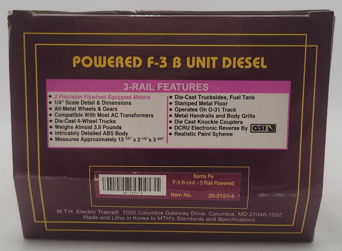MTH 20-2151-4 O Gauge Santa Fe F3 Powered Diesel B Unit EX/Box