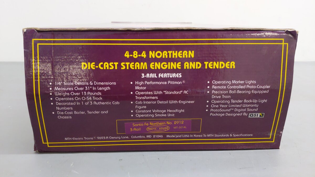 MTH 20-3014-0 Santa Fe 4-8-4 Northern Die-Cast Steam Loco & Tender w/PS1 #2912 EX/Box