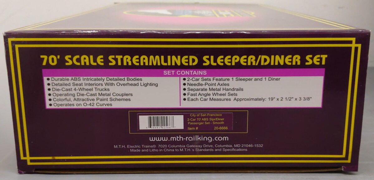 MTH 20-6666 O City of San Francisco 70' Streamlined Slpr/Diner Passenger Car Set EX/Box