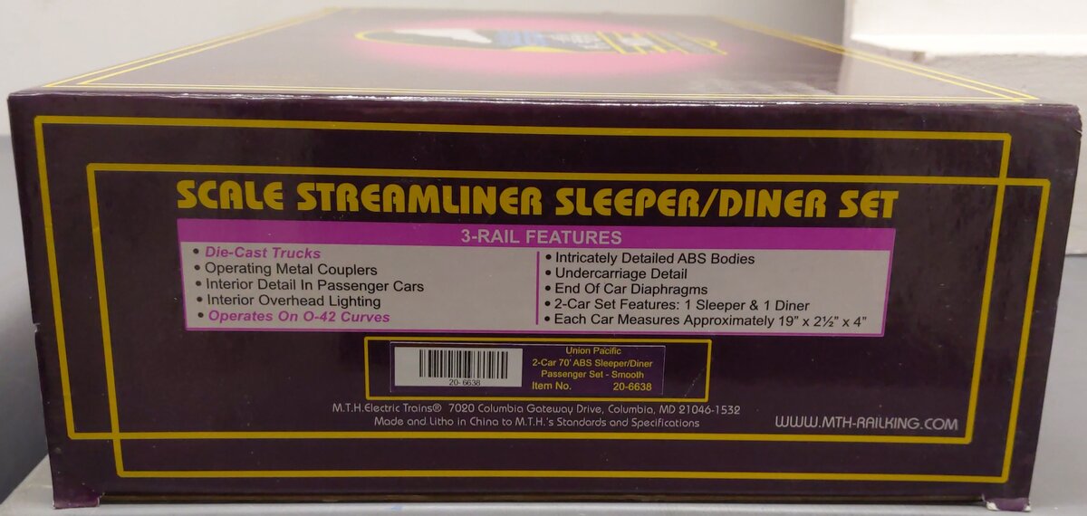 MTH 20-6638 O UP 70' Streamlined Sleeper/Diner Passenger Car Set (Set of 2) EX/Box