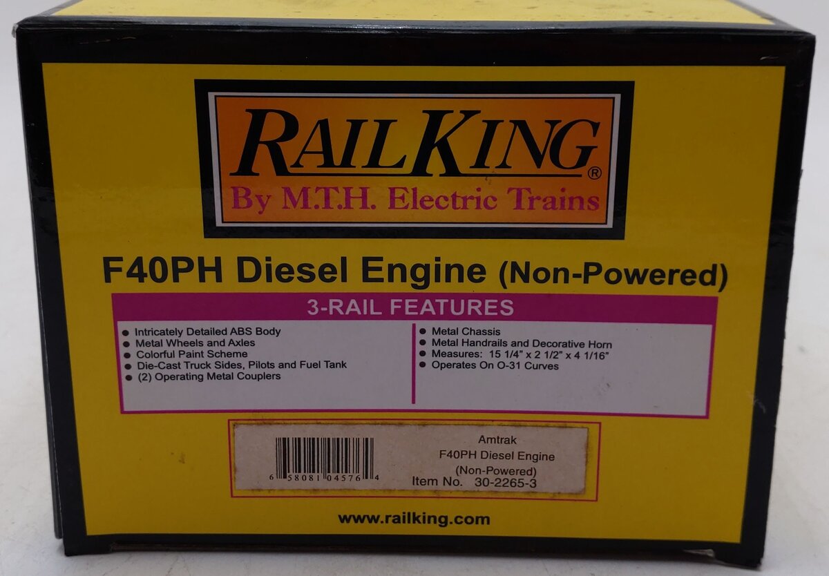 MTH 30-2265-3 Amtrak F40PH A-Unit Non-Powered Diesel Engine #391 EX/Box