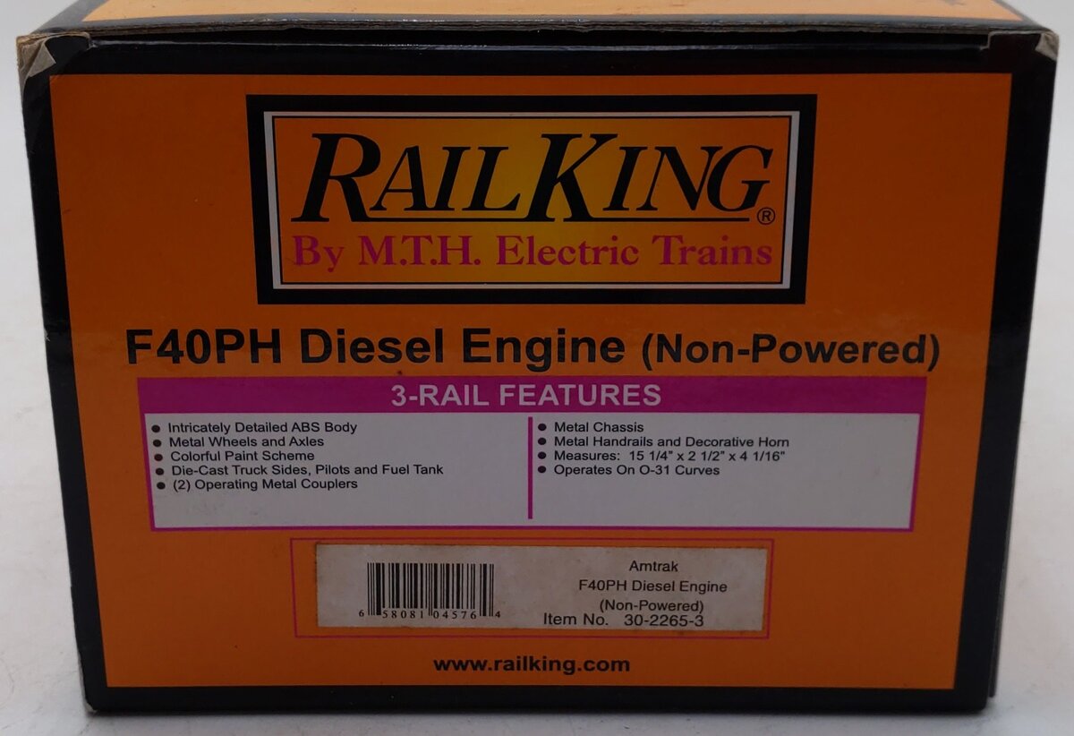 MTH 30-2265-3 Amtrak F40PH A-Unit Non-Powered Diesel Engine #391 EX/Box