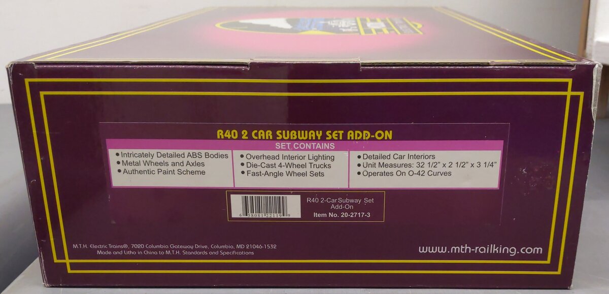 MTH 20-2717-3 O Gauge Premier Non-Powered R40 Subway Set Add-On (Set of 2) EX/Box