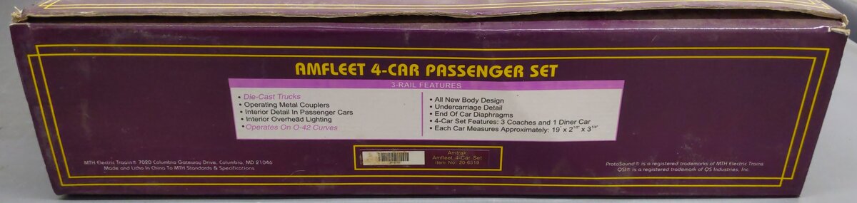 MTH 20-6519 O Amtrak Amfleet Passenger Car Set (Set of 4) VG/Box
