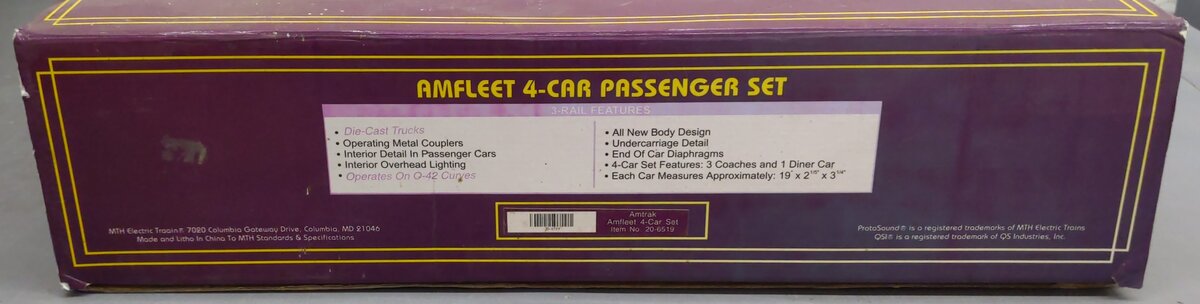 MTH 20-6519 O Amtrak Amfleet Passenger Car Set (Set of 4) VG/Box