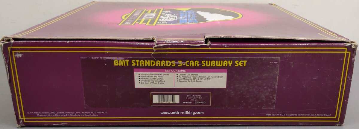 MTH 20-2675-3 O BMT 2500 Series 3-Car Subway Set Add-On Non-Powered (Set of 3) EX/Box