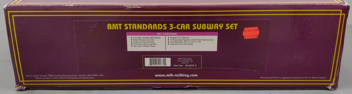 MTH 20-2675-3 O BMT 2500 Series 3-Car Subway Set Add-On Non-Powered (Set of 3) EX/Box