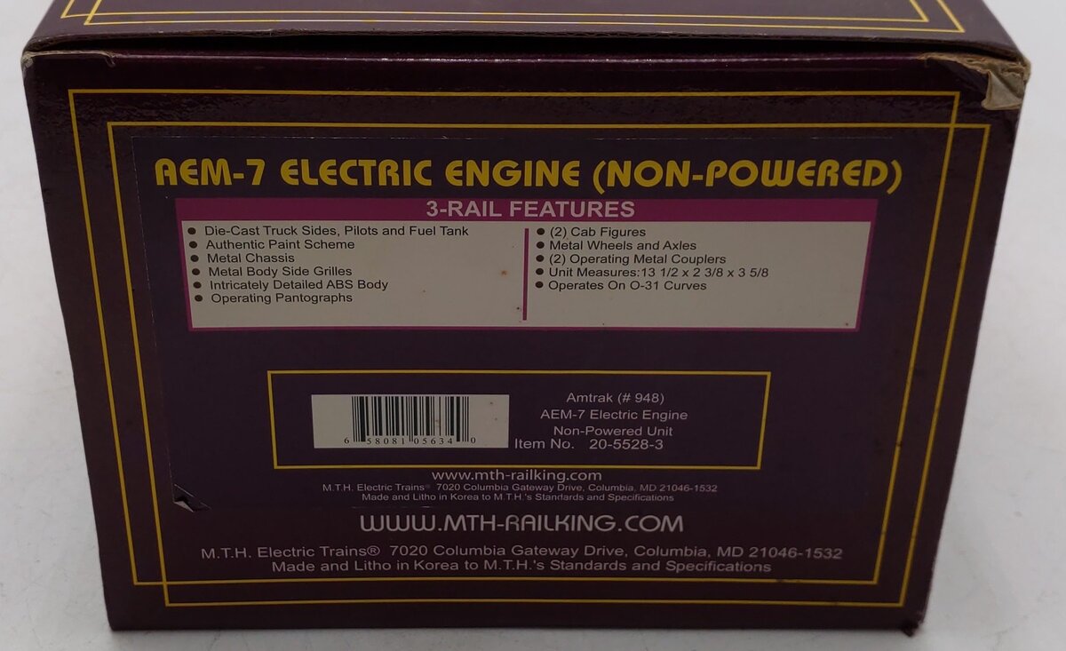 MTH 20-5528-3 Amtrak AEM-7 Non Powered Electric Locomotive #948 EX/Box