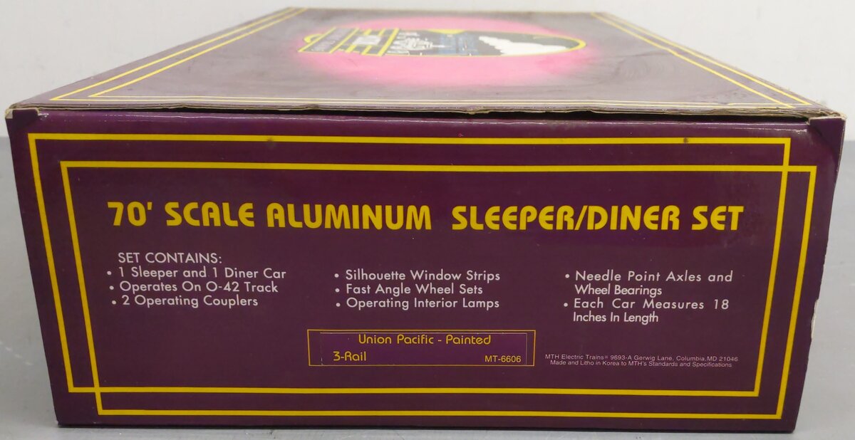 MTH 20-6606 O Gauge Union Pacific 70' Aluminum Slpr/Diner Passenger 2-Car Set LN/Box