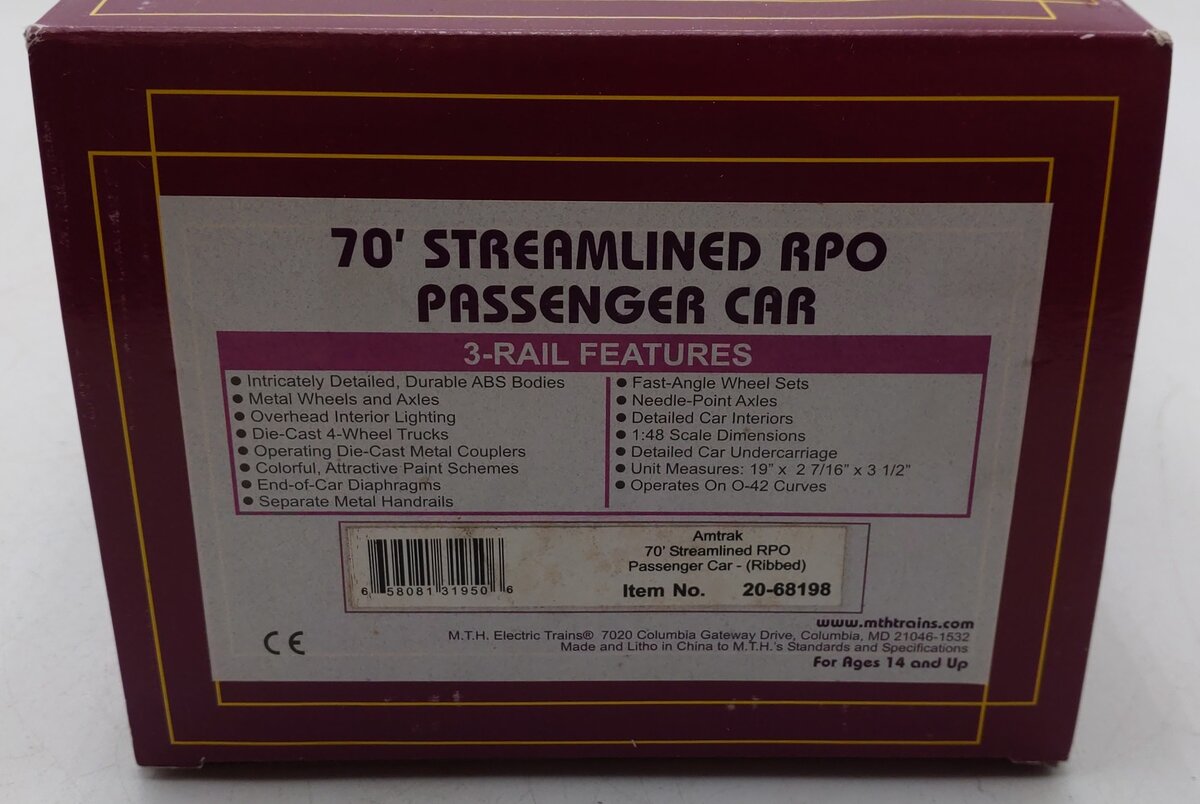 MTH 20-68198 O Scale Amtrak 70' Streamlined RPO Passenger Car (Ribbed Sided) EX/Box