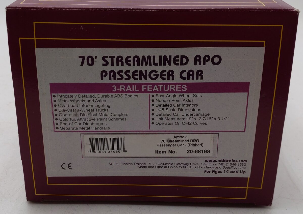 MTH 20-68198 O Scale Amtrak 70' Streamlined RPO Passenger Car (Ribbed Sided) EX/Box