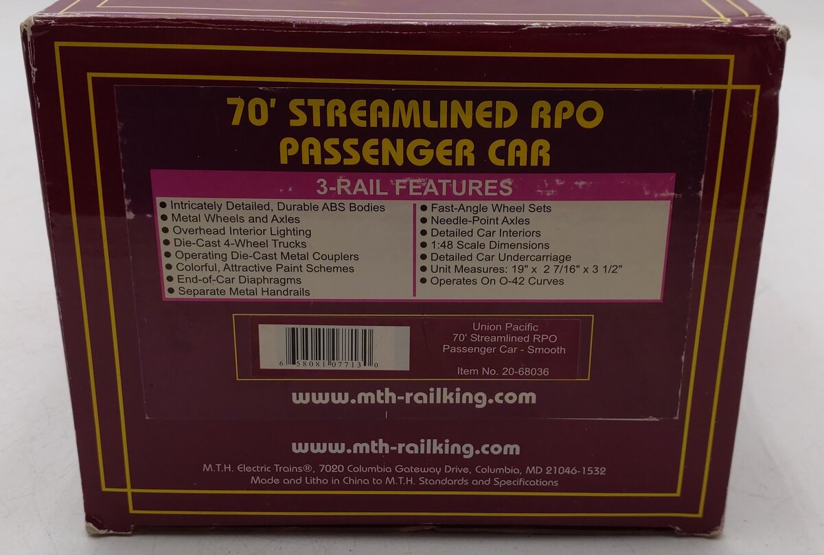 MTH 20-68036 O Gauge Union Pacific 70' ABS RPO Passenger Car #5902 EX/Box