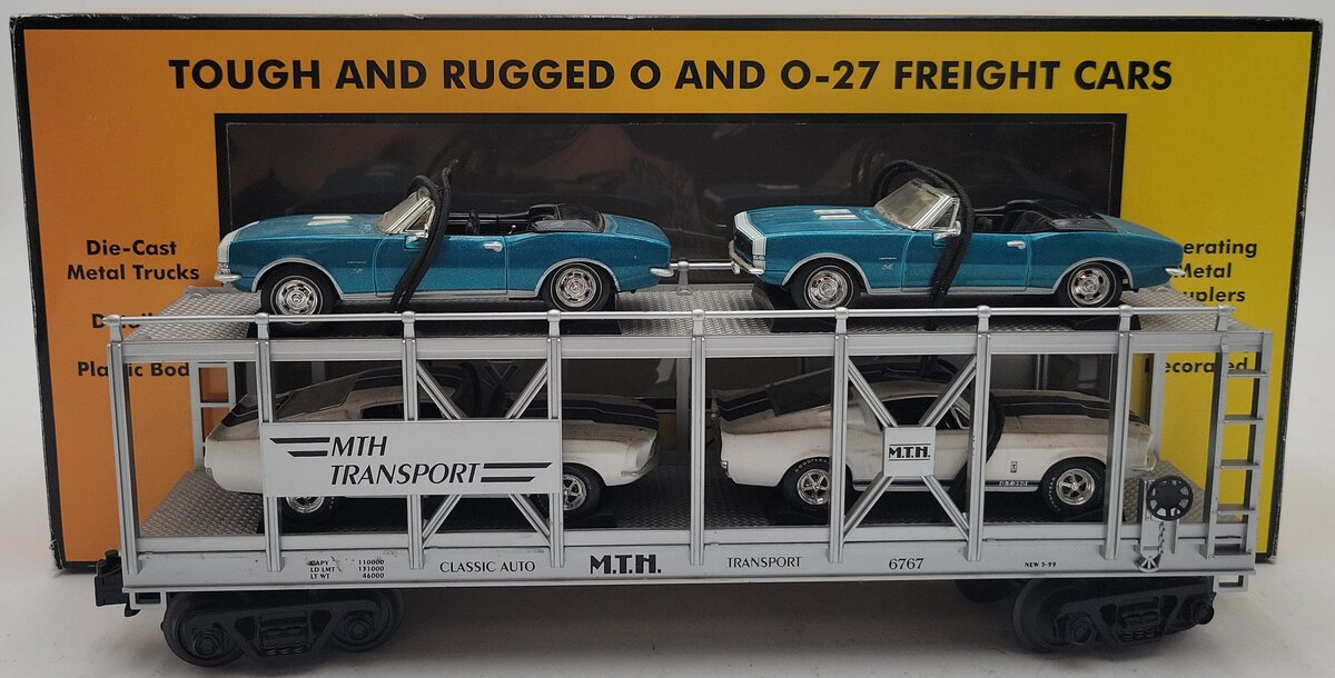 MTH 30-7666 O Gauge Auto Carrier w Two 1967 Camaros & Two 1967 Shelby Mustangs EX/Box