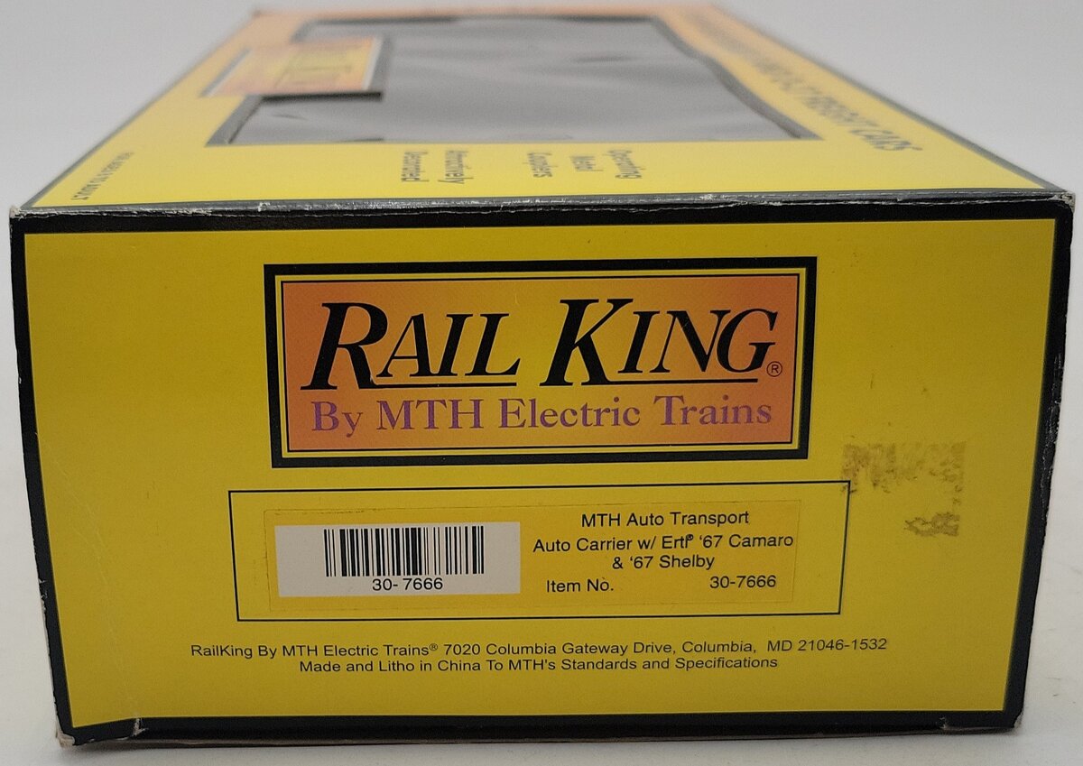MTH 30-7666 O Gauge Auto Carrier w Two 1967 Camaros & Two 1967 Shelby Mustangs EX/Box