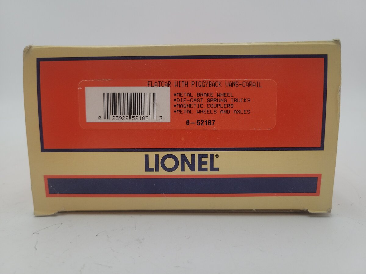 Lionel 6-52187 O Gauge Madison Hardware Flatcar w/ Piggyback Vans VG/Box