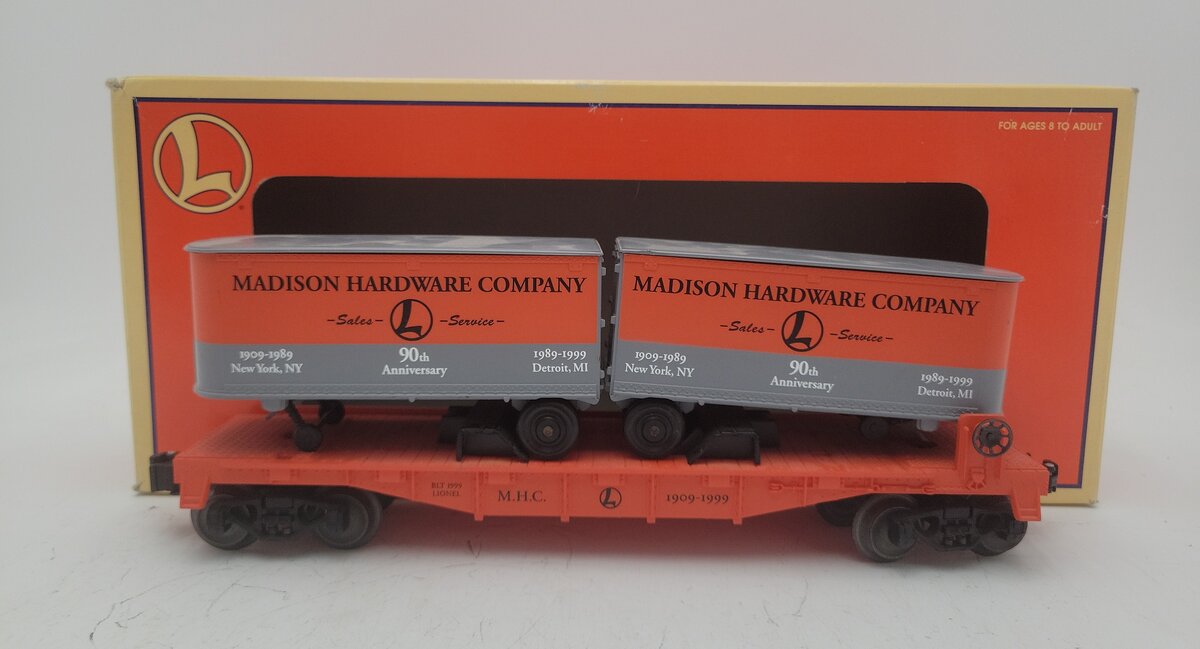 Lionel 6-52187 O Gauge Madison Hardware Flatcar w/ Piggyback Vans VG/Box