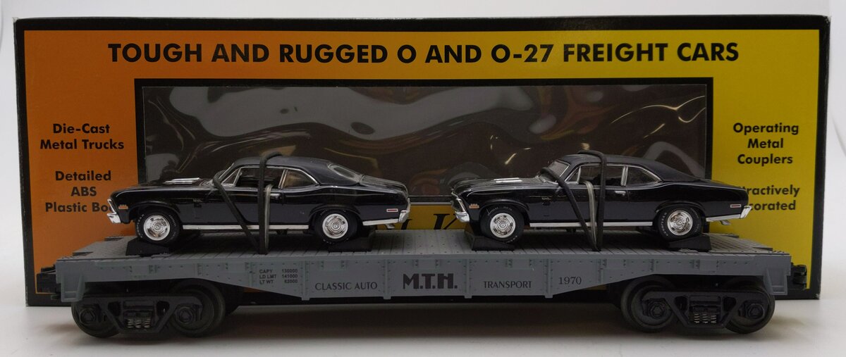 MTH 30-7661 O Gauge MTH Auto Transport Flatcar with Ertl '70 Novas #1970 EX/Box