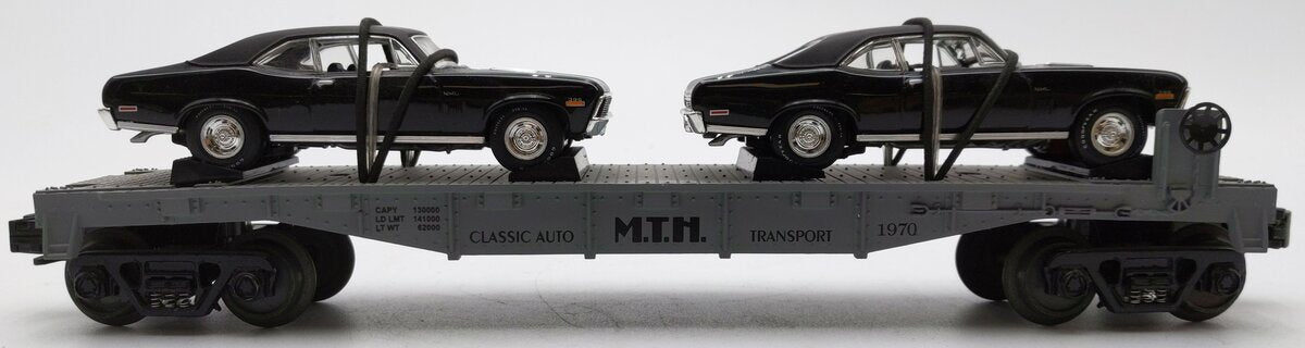 MTH 30-7661 O Gauge MTH Auto Transport Flatcar with Ertl '70 Novas #1970 EX/Box