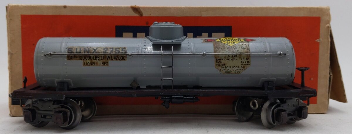 Lionel 2755 Vintage O Sunoco Metal Single Dome Tank Car - Tinplate Grey VG/Box