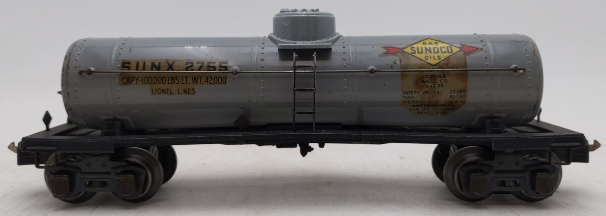 Lionel 2755 Vintage O Sunoco Metal Single Dome Tank Car - Tinplate Grey VG
