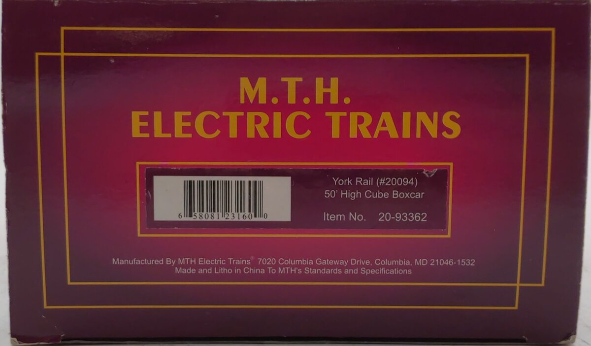 MTH 20-93362 O York Rail 50' High Cube Box Car #20094 LN/Box