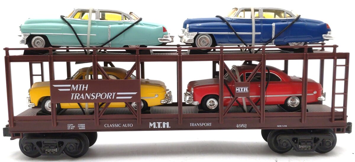MTH 30-7628 O Gauge Auto Carrier Flatcar with 4 Ertl Cars #4952 EX