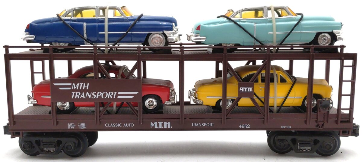 MTH 30-7628 O Gauge Auto Carrier Flatcar with 4 Ertl Cars #4952 EX