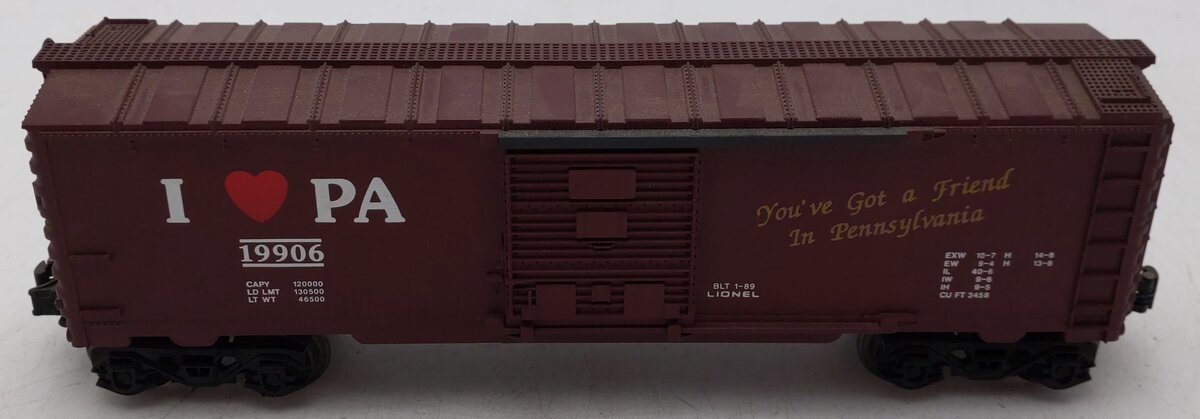 Lionel 6-19906 O Gauge I Love Pennsylvania Boxcar EX