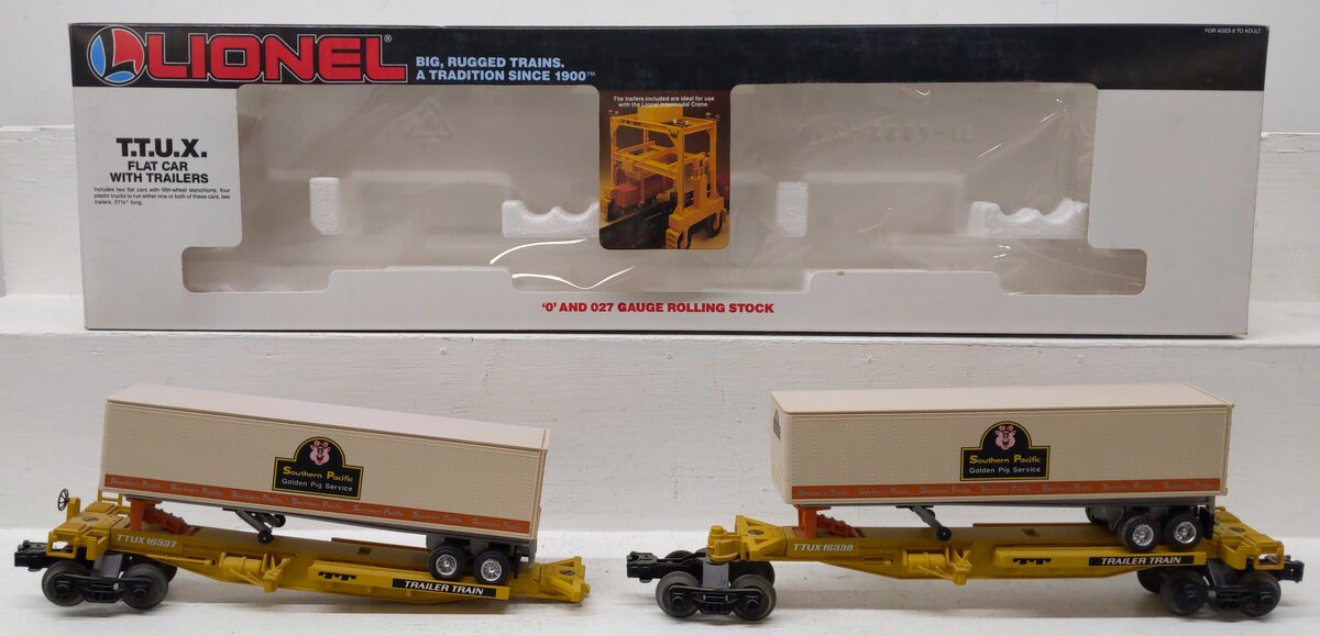 Lionel 6-16345 O TTUX Flatcar w/ Southern Pacific Trailers VG/Box