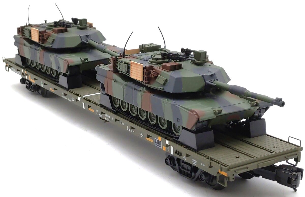 MTH 20-95346 O U.S. Army 60' Flat Car with 2 M1a Abrams Tanks #40102 EX/Box