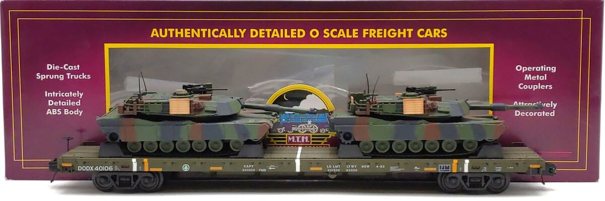 MTH 20-95346 O U.S. Army 60' Flat Car with 2 M1a Abrams Tanks #40102 EX/Box