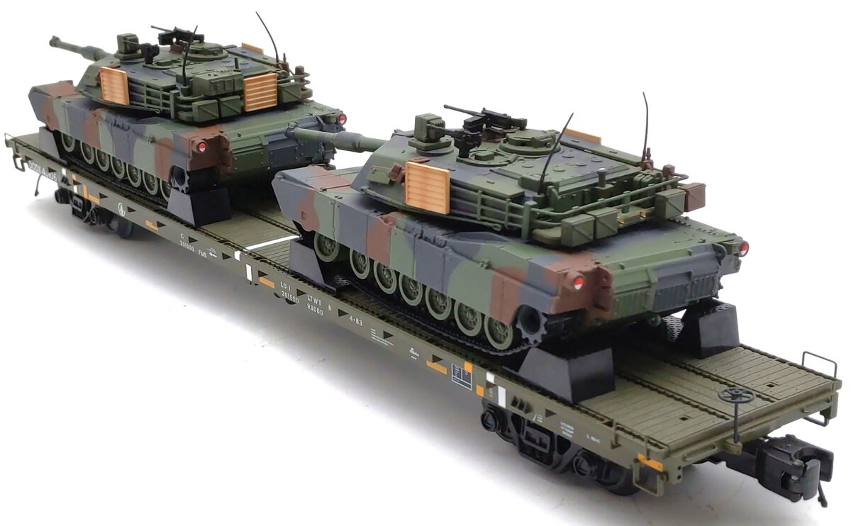 MTH 20-95346 O U.S. Army 60' Flat Car with 2 M1a Abrams Tanks #40102 EX/Box