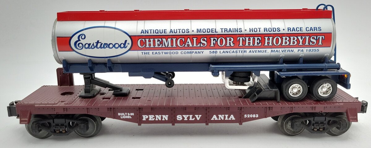 Lionel 6-52083 O Gauge Pennsylvania Flatcar w/ Eastwood Chemicals Tanker EX