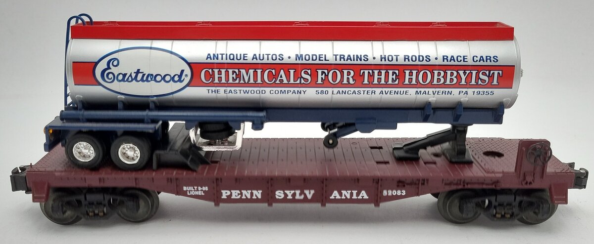 Lionel 6-52083 O Gauge Pennsylvania Flatcar w/ Eastwood Chemicals Tanker EX
