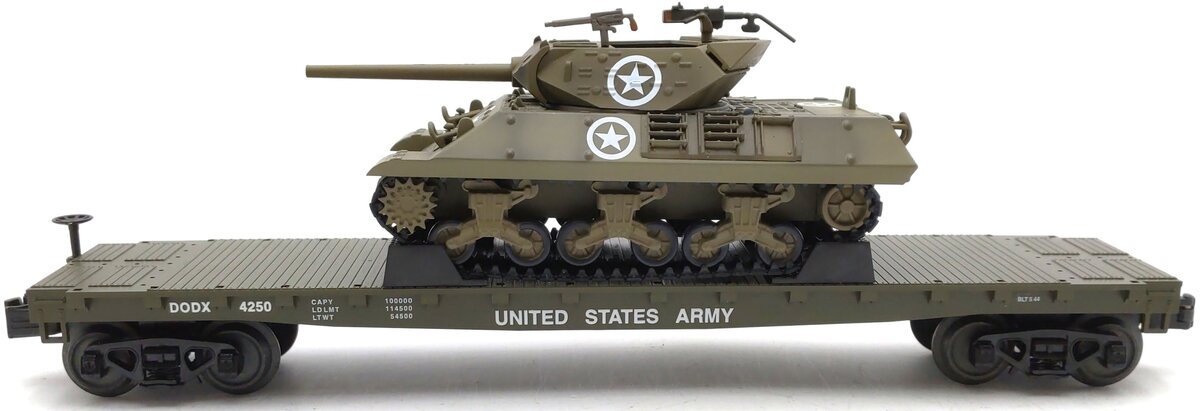 MTH 30-76745 U.S. Army RailKing Flat Car #4250 with Wolverine Tank EX