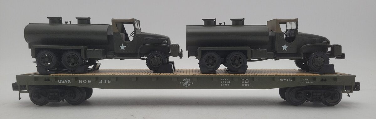 MTH 20-92214E O Gauge U.S. Army Flat Car w/(2) Tank Trucks #609346 EX/Box