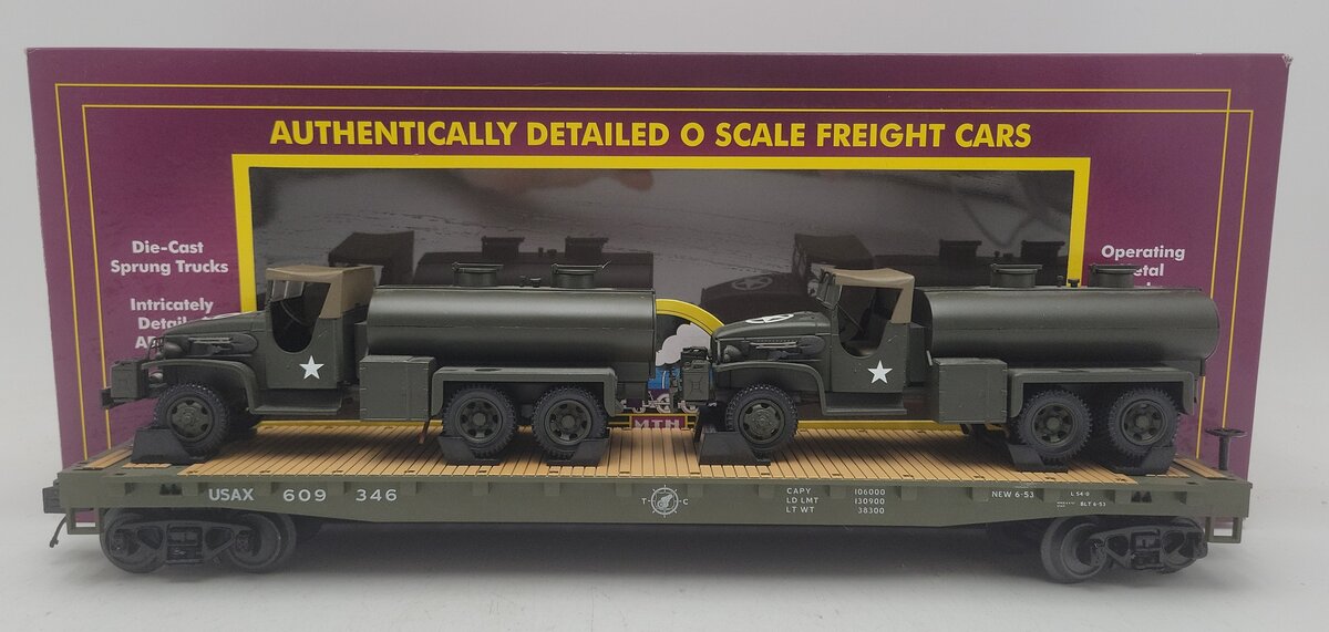 MTH 20-92214E O Gauge U.S. Army Flat Car w/(2) Tank Trucks #609346 EX/Box