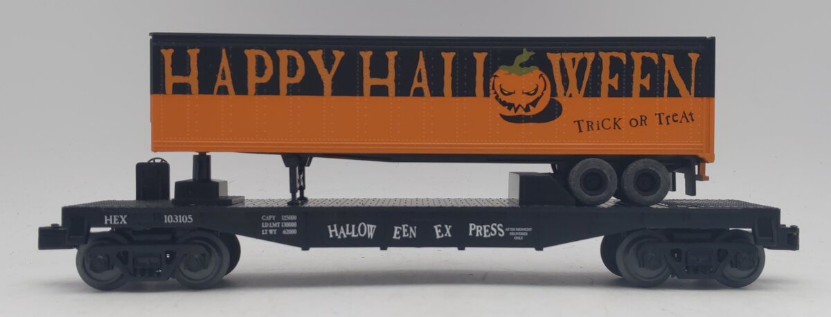 MTH 30-76655 Halloween Express Flatcar with 40' Trailer #103105 LN