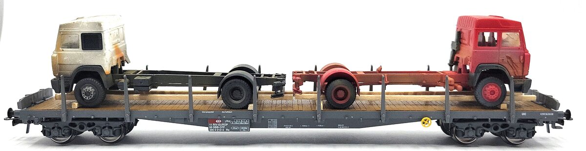HAG 342-70 016 HO Scale SBB Flatcar w/ 2 Truck Load EX/Box