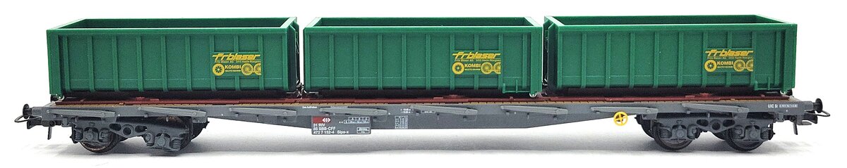 HAG 380-75 006 HO Scale SBB Flatcar w/ 3 "Blaser" Open Containers LN/Box