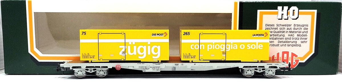 HAG 600-79 032 HO Scale SBB Flatcar w/ 2 Postal Containers LN/Box