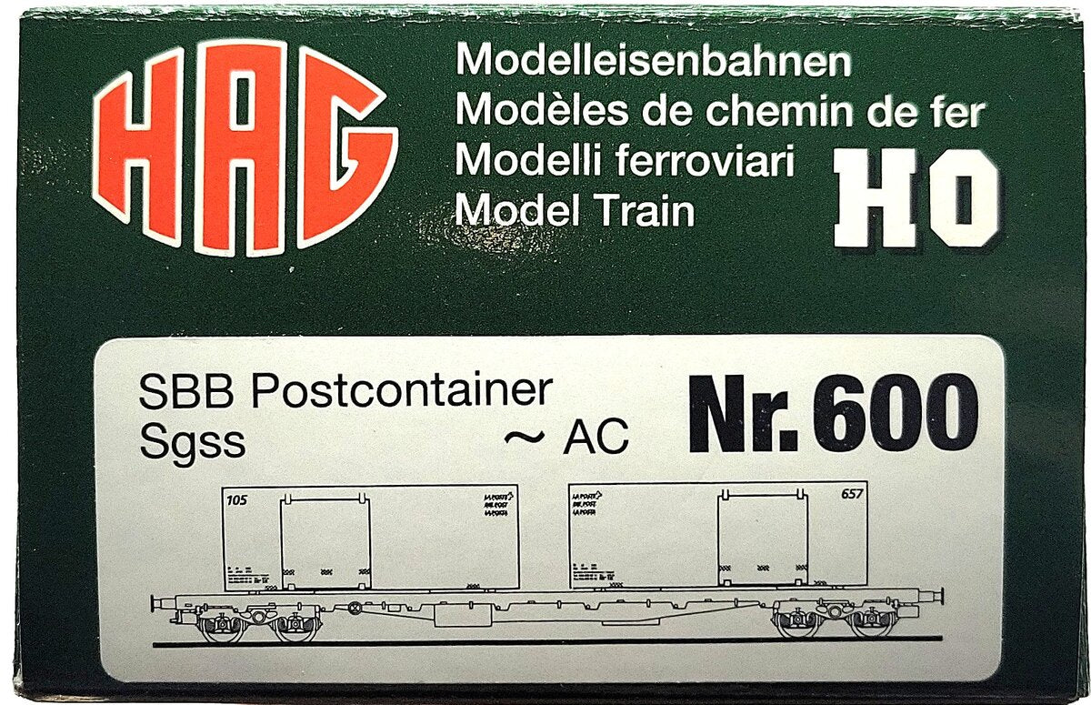 HAG 600-79 032 HO Scale SBB Flatcar w/ 2 Postal Containers LN/Box