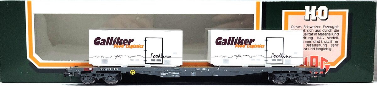 HAG 618-73 012 HO Scale SBB Flatcar w/ 2 Galliker Containers LN/Box